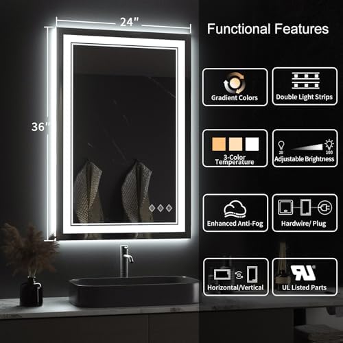 LED Mirror for Bathroom, 24x36 Inch Gradient Front and Backlight LED Bathroom Mirror, 3 Colors Dimmable CRI>90 Double Lights, Enhanced Anti-Fog, Hanging Plates Wall Mount Lighted Mirror