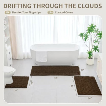 Bathroom Rugs Non Slip Washable 60x24, Extra Thick Soft Chenille Absorbent Bath Mat, High Density Barrier Non Slip Backing, Quick Dry Plush Shaggy Floor Carpet for Tub&Shower, Brown