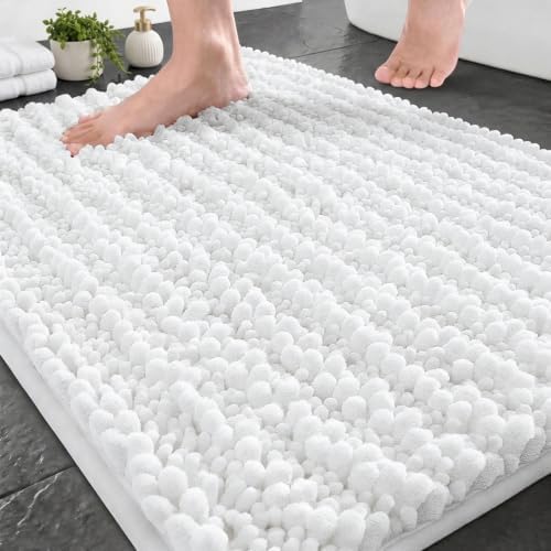 Disolla Small Bath Mat 17x24 Inch - Chenille White Bathroom Rug, Extra Soft Absorbent Plush Shaggy Bathmat, Non-Slip Machine Washable Floor Mat for Shower, Tub and Sink