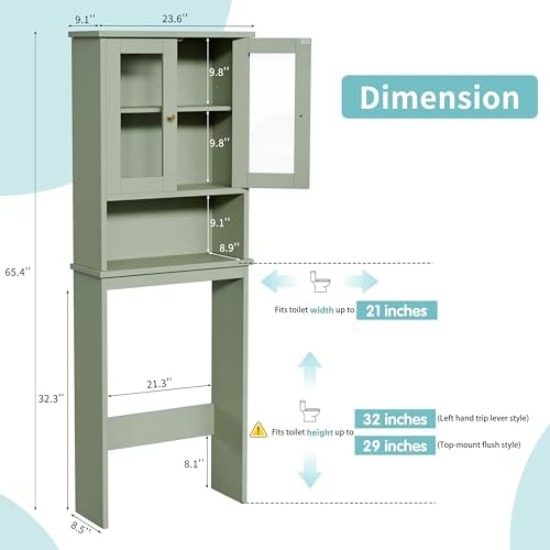 Shintenchi Over the Toilet Storage Cabinet, Bathroom Shelf Organizer with Anti-Tip Device Small Freestanding Space Saver with Adjustable Shelf and Glass Door, Green