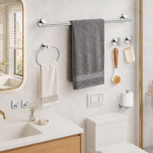 Polished Chrome Bathroom Accessories Set, 7 Pieces Towel Bar Bathroom Hardware Set, 31.5 Inch Towel Racks for Bathroom, SUS304 Stainless Steel Bathroom Towel Holder Toilet Paper Holder Wall Mounted