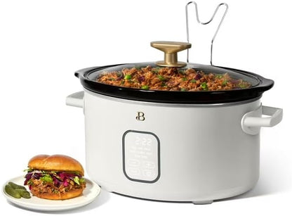 B 6 Qt Programmable Slow Cooker with Digital Timer, 5 Cooking Functions, Removable Ceramic Pot, Tempered Glass Lid, Dishwasher Safe (White Icing)