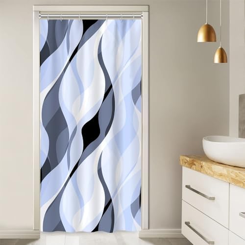 Sky Blue Striped Stall Shower Curtain with Hooks, 36x72 Inch