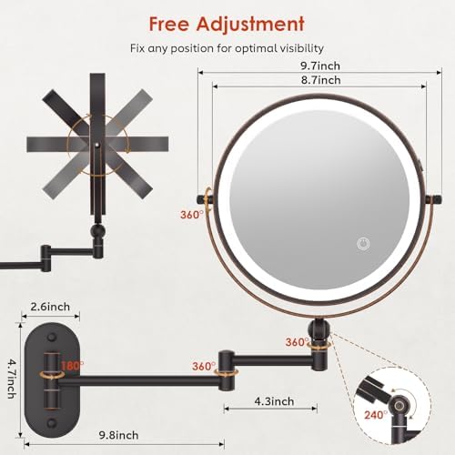 IMIKONA 9" Wall Mounted Lighted Makeup Mirror,4000mAh Rechargeable Double Sided 1X/10X Magnifying Mirror with Light,3 Color Lights,Touch Dimmable,Extended Arm 360 Rotation Wall Mounted Makeup Mirror
