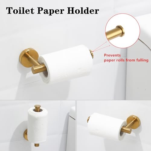 4 Piece Brushed Gold Stainless Steel Bathroom Hardware Set Include Hand Towel Ring, Toilet Paper Holder,and 2 Robe Towel Hooks,Bathroom Accessories Kit