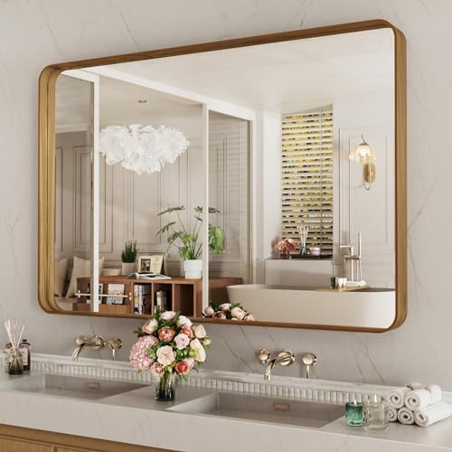 LOAAO 48X30 Inch Bathroom Mirror with Wood Grain Colored Metal Frame