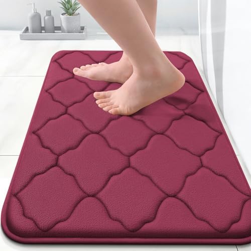 OLANLY Memory Foam Bath Mat Rug 24x16, Ultra Soft and Absorbent Bathroom Rugs, Non-Slip, Comfortable, Machine Washable Bath Carpet for Bathroom Floor, Tub, Shower and Home Decor Accessories, Burgundy | Thick Absorbent Carpet, Non-Slip Backing, Machine ...
