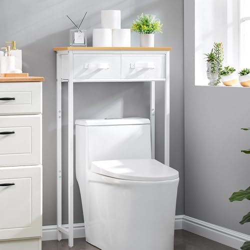 MOHOPE 2-Tier Over The Toilet Storage with 2 Fabric Drawers, Freestanding Above The Toilet Storage Cabinet, Space Saver Metal Over Toilet Bathroom Organizer Shelf for Small Space, Natural and White