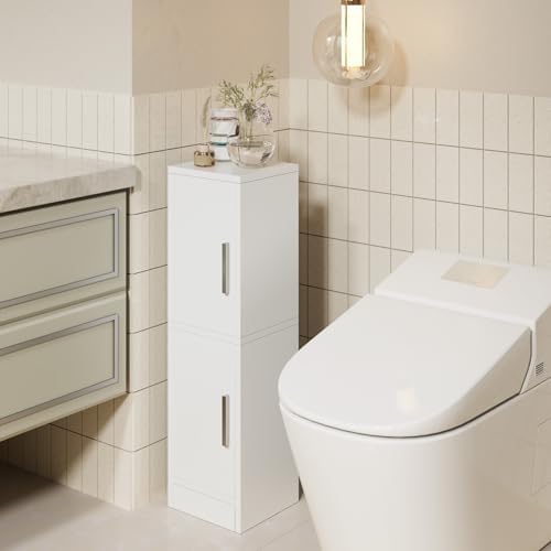 IBUYKE Small Bathroom Storage Cabinet, Narrow Tolite Paper Storage Floor Cabinet with 2 Doors & Adjustable Shelf,Bathroom Organizer for Small Space UWBS002W
