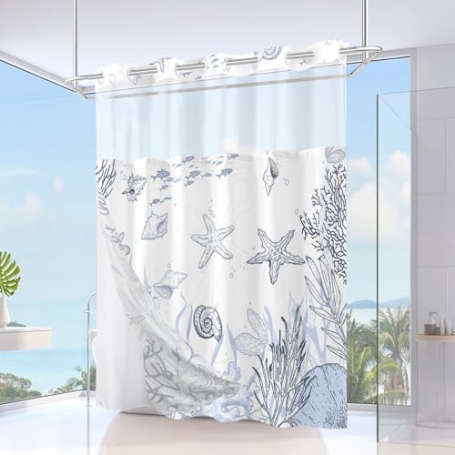 No Hook Shower Curtain and Liner Set, Grey Beach Coastal 71x74
