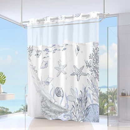 No Hook Shower Curtain and Liner Set, Grey Beach Coastal 71x74