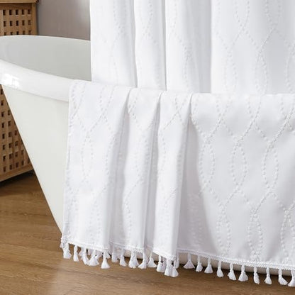 OVZME White Shower Curtain for Bathroom, Puff Printed Textured Shower Curtain with Tassels, Rustic Geometry Heavy Duty Vintage Country Bathroom Curtain, Water Resistant Fabric, 72Wx72L Inches