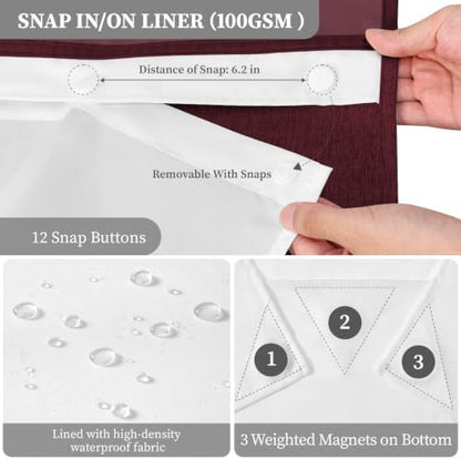 BTTN Burgundy Ringless Linen Look Shower Curtain with Snap in Liner, 72x75