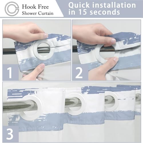 No Hook Shower Curtain with Liner, Navy Blue Stripe, 71x74 Inch