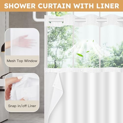 FADOTY White No Hook Shower Curtain Set with Snap in Liner, 71'' x 86''