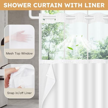 FADOTY White No Hook Shower Curtain Set with Snap in Liner, 71'' x 86''