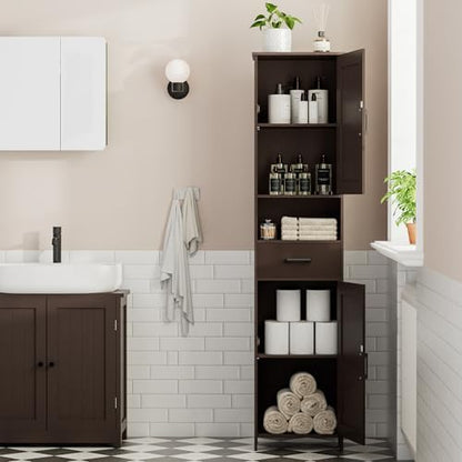 Homhedy 67" H Tall Bathroom Storage Cabinet with Barn Doors and Drawer