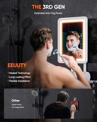 Heated Shower Mirror Fogless for Shaving (Gen 3) - 3 Colors Stepless Dimmable Lights, Anti-Fog Shaving Mirror with Razor Holder, No-Drilling, Removable - White