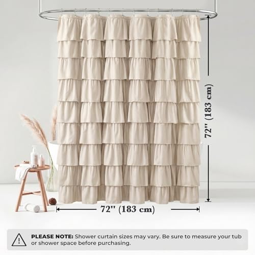 Seasonwood Small Beige Ruffle Shower Curtain Natural Farmhouse, 72"x72"