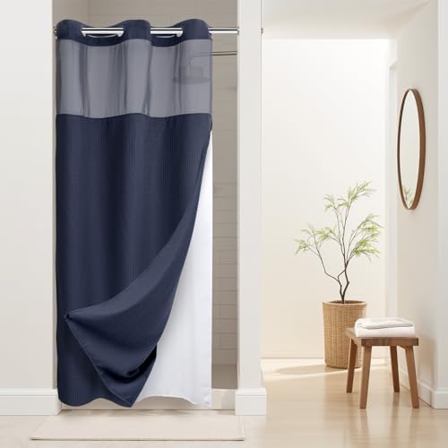 River Dream Heavyweight Waffle No Hook Shower Curtain with Liner,Navy,36x74