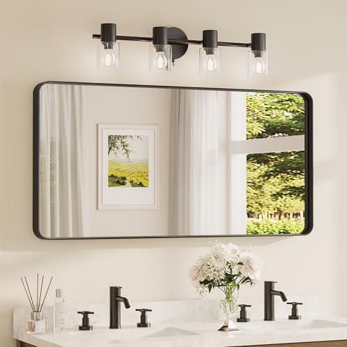 TETOTE 48 x 24 Inch Black Frame Mirror, Bathroom Vanity Mirror for Wall, Modern Rectangle Round Corner Matte Framed Mirror (Horizontal/Vertical)