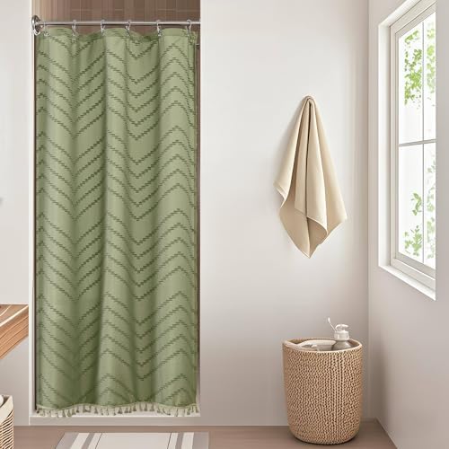 OWENIE Small Boho Stall Shower Curtain, Light Green Fabric Cloth Stall Shower Curtain 36 x 72 Half Size with Tassel Tufted Chevron Striped Textured Modern Farmhouse for Bathroom, Machine Washable