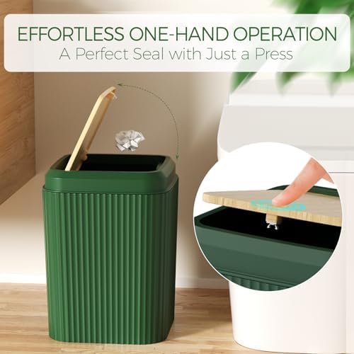 Bathroom Accessories Set - Unbreakable Green Bathroom Set, Trash Can, Toilet Brush with Holder, Soap Dispenser, Toothbrush and Toothpaste Holder, Tumbler Cup, Soap Dish, Qtip Holder, Bamboo Decor