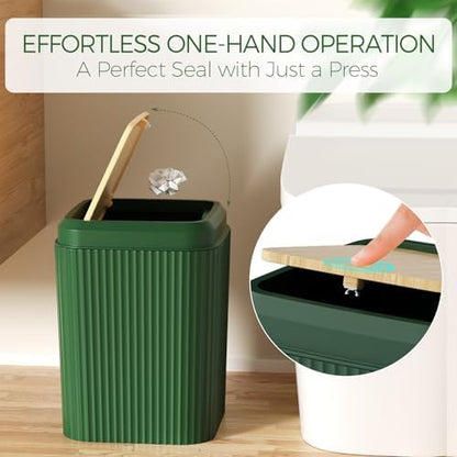 Bathroom Accessories Set - Unbreakable Green Bathroom Set, Trash Can, Toilet Brush with Holder, Soap Dispenser, Toothbrush and Toothpaste Holder, Tumbler Cup, Soap Dish, Qtip Holder, Bamboo Decor