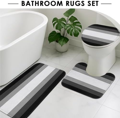 Bathroom Sets with Shower Curtain and Rugs 4 Pcs, Abstract Striped