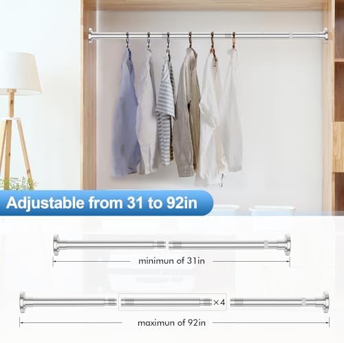 CorkLatta Chrome Shower Curtain Rod 31 to 92 Inch,1 Inch Diameter Adjustable Spring Tension Curtain Rod No Drilling Stainless Steel Telescoping Rod,No Rust