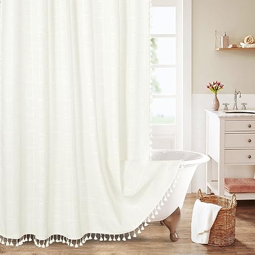 Boho Farmhouse Classic Plaid Linen Tassel Shower Curtain Ivory,72x72