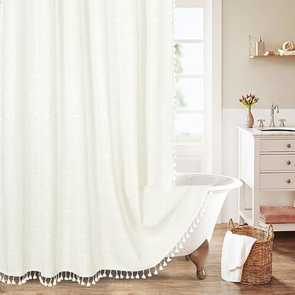 Boho Farmhouse Classic Plaid Linen Tassel Shower Curtain Ivory,72x72