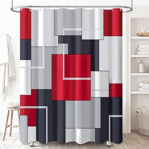 BTTN 54x78 Stall Modern Geometric Waterproof Fabric Shower Curtain Set, Red