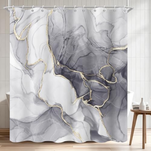 Grey Marble Shower Curtain Modern Abstract Luxury Gold Ink Texture Gray Ombre Watercolor Bathroom Curtain Set with Hooks Soft and Lightweight Waterproof Fabric Machine Washable 60" Wx72 L