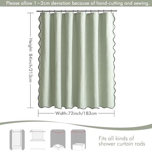 MIULEE 72"x84" Extra Long Scalloped Linen Shower Curtain Sage Green