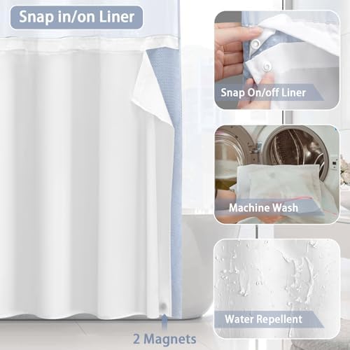 No Hook Shower Curtain with Liner Set Hotel Waffle Mist Blue 72W X 75L