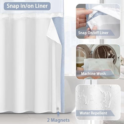 No Hook Shower Curtain with Liner Set Hotel Waffle Mist Blue 72W X 75L