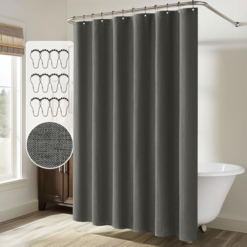 MIULEE 72 x 84 Extra Long Linen Shower Curtain Charcoal Grey 12 Metal Hooks