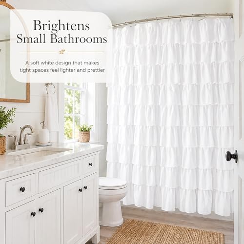 White Ruffle Shower Curtain for Bathroom,72 x 72 Inches, Farmhouse Style