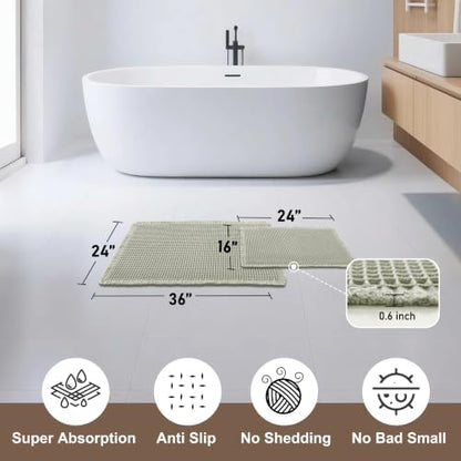 JIUZHEN Set of 2 Waffle Bath Mats Boho Bath Rugs 16x24&24x36, Sage Green