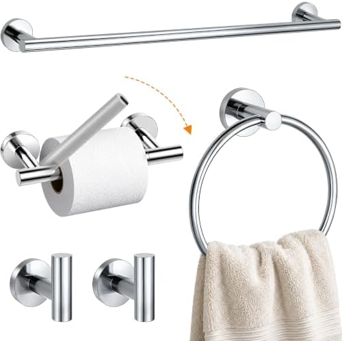 5Piece Polished Chrome Bathroom Hardware Accessories Set, 24" Towel Bar Set