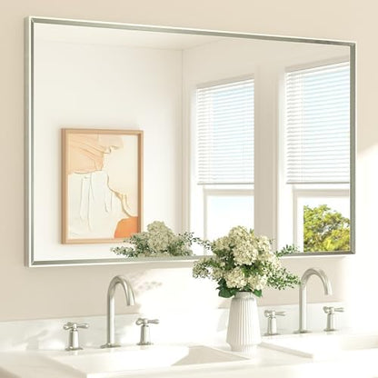 TETOTE Brushed Nickel Bathroom Mirror 48" x 30" Beveled Frame Rectangle Bathroom Vanity Wall Mirror for Over Sink, Tempered Glass, Stronger Frame, Modern Farmhouse Bedroom, Entryway, Living Room