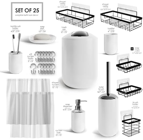 Clara Clark Bathroom Accessories Set - Bathroom Set with Adhesive Corner Shower Caddy Hanging, 25PC Bathroom Accessory Set, White Shower Curtain Set, Toilet Brush, Trash Can & Soap Dispenser