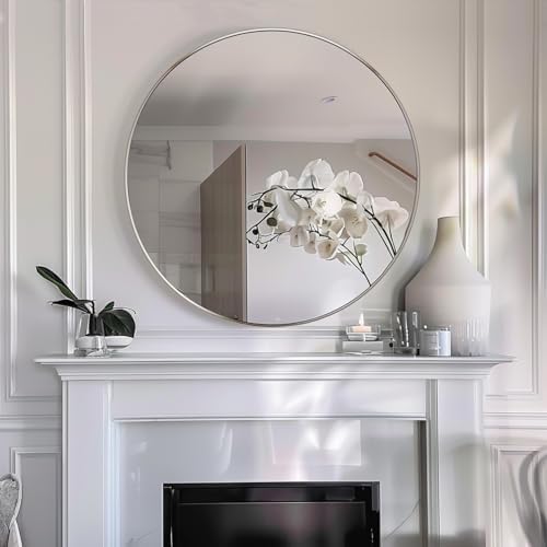 Sunniry Round Mirror 28 inch,Circle Wall Mirror, Brushed Nickel Metal Frame