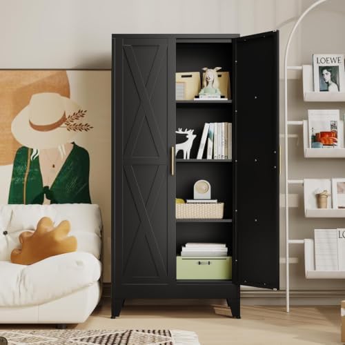 61" Metal Storage Cabinet with 2 Doors and 3 Adjustable Shelves,Black Farmhouse Kitchen Pantry Cabinet,Steel Garage Tool Cabinet,File Cabinetfor Home,Office,Dinning Living Room,Warehouse