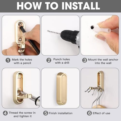 Foldable Wall Hook, Gold, 4 Pack, Screw Mounted, Heavy Duty Coat Hooks