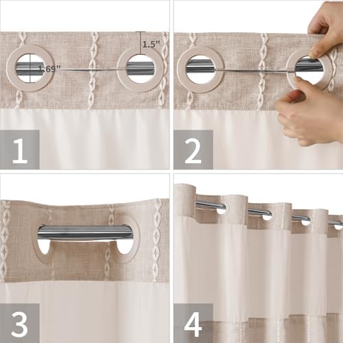 eachope Boho Farmhouse No Hook Shower Curtain Set with Snap-in Fabric Liner,Heavy-Duty Linen Textured Rustic Striped Design,Water-Repellent with Tassels and Sheer Window,Tan/Taupe,71x74