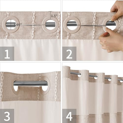 eachope Boho Farmhouse No Hook Shower Curtain Set with Snap-in Fabric Liner,Heavy-Duty Linen Textured Rustic Striped Design,Water-Repellent with Tassels and Sheer Window,Tan/Taupe,71x74