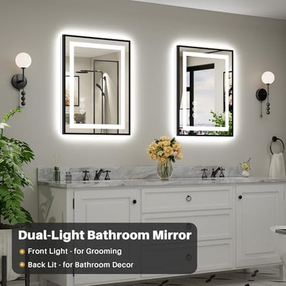 24x32 Inch LED Bathroom Mirror with Black Frame, Backlit & Front Lit