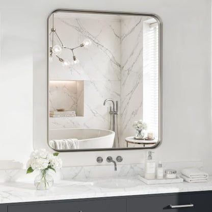 30x36 Inch Silver Metal Framed Bathroom Mirror for Wall, HD Tempered Glass